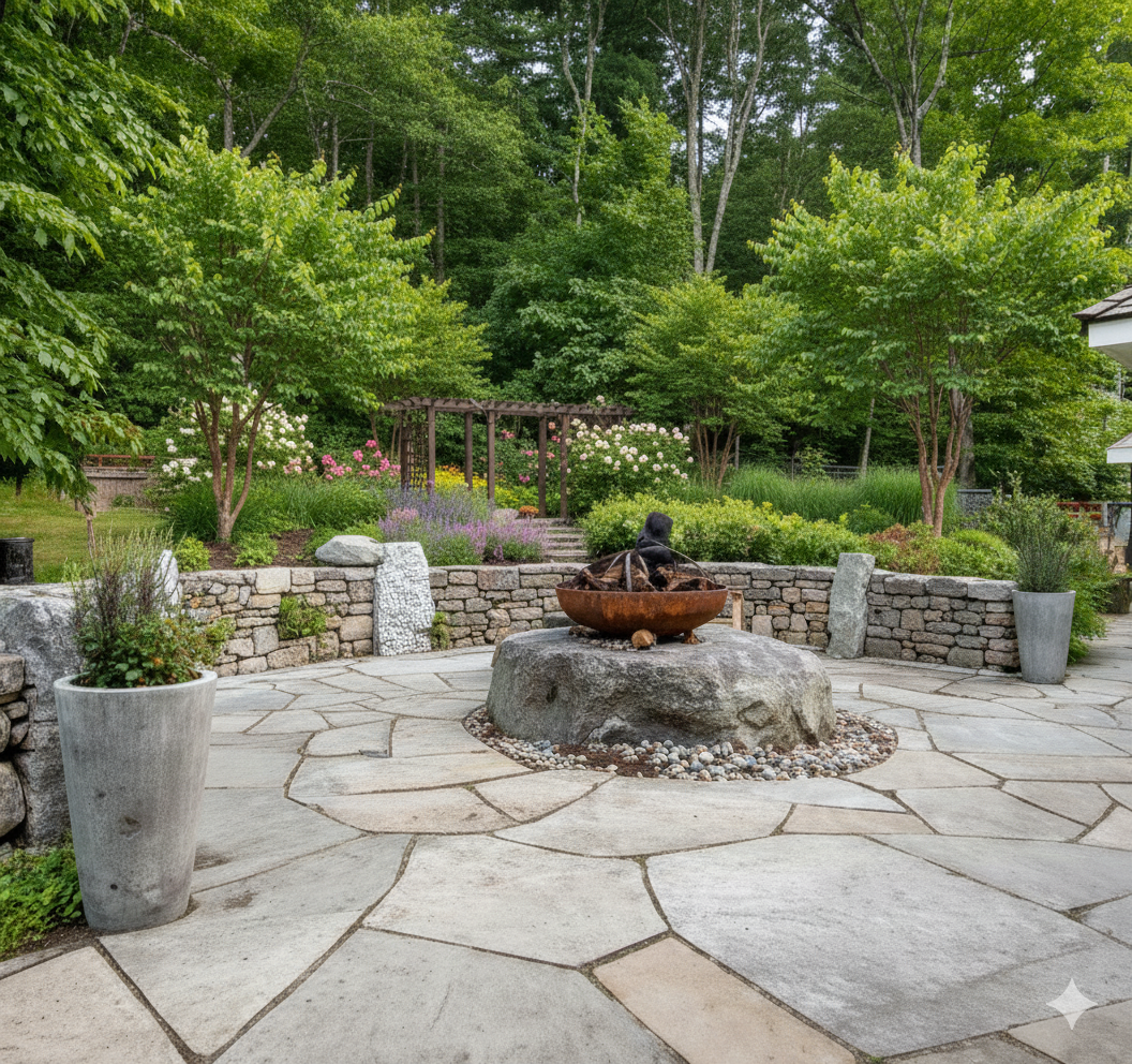 Natural sandstone patio in Manchester garden